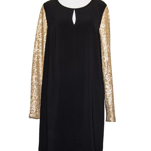 DKNY Dress Black Gold Sequins Long Sleeve Sheath Cocktail Sz 4 Small 465$ - Picture 2 of 4